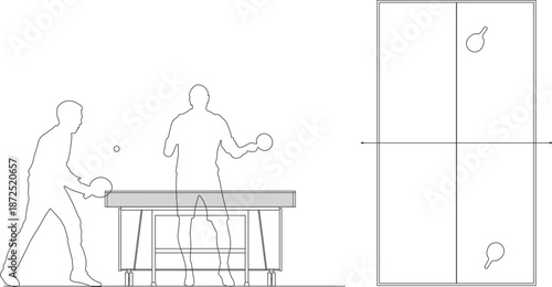 Technical architectural vector of a table tennis set, featuring a top-view layout and side elevation with player silhouettes.