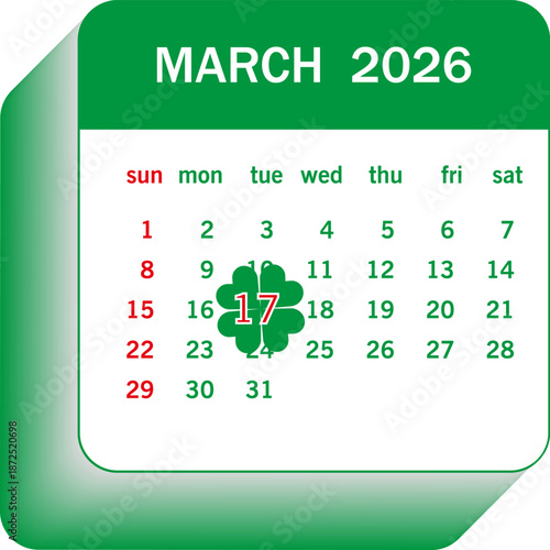 March 2026 calendar St. Patricks day march 17, calendar St. Patricks Day icon, vector, transparent background
