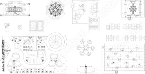Technical architectural vector collection of amusement park ride layouts, floor plans for cafes, and recreational facilities.