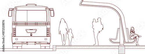 Architectural vector illustration of a bus at a modern transit station with silhouettes of passengers waiting at a stop.