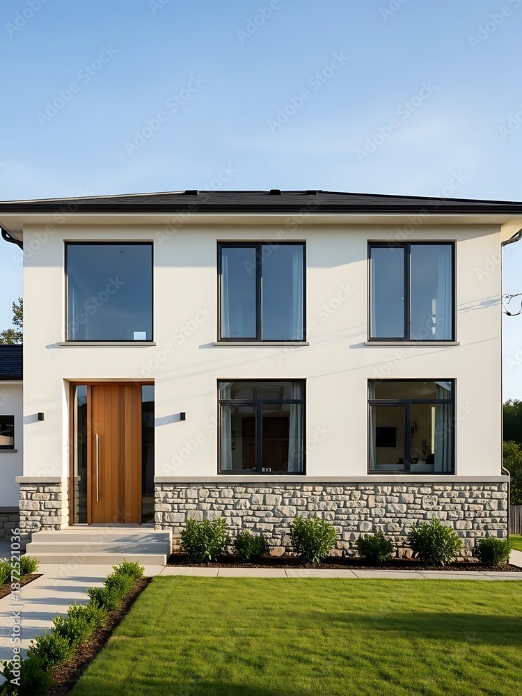 Fototapeta premium Modern two-story house with stone foundation and manicured lawn design