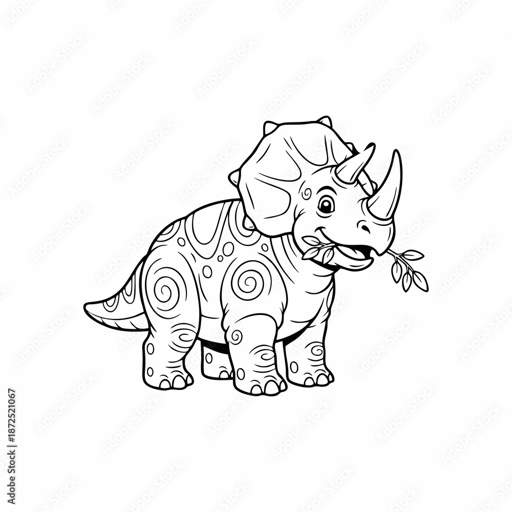 Fototapeta premium Cute Triceratops Dinosaur Coloring Page for Kids with Swirl Patterns