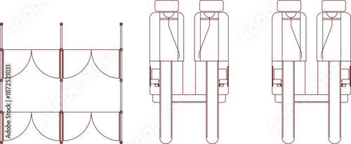 Technical architectural vector diagrams showcasing door swing symbols and structural floor plan elements in a brown tone.