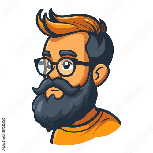 Stylish Bearded Portrait: A meticulously crafted illustration presents a charismatic individual with a distinguished beard, captivating spectacles, and a trendy hairstyle.