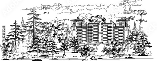Black and white vector sketch of a modern apartment building nestled in a pine forest with a scenic mountain background.