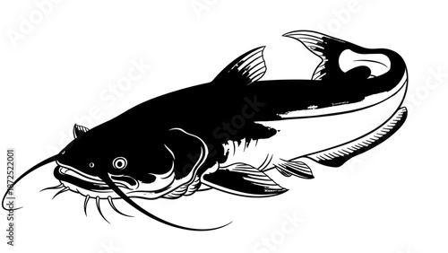 Monochrome river giant catfish illustration with bold ink painting style on white background. Isolated river giant catfish features prominent whiskers and fins, showcasing aquatic wildlife.