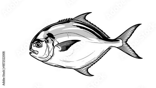 Golden Pompano fish depicted in monochrome ink painting style as an isolated illustration. This detailed Golden Pompano fish artwork shows aquatic animal with distinctive fins and body shape.