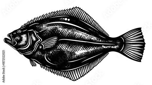 Monochrome ink painting of flounder fish isolated, detailed illustration showing scales, fin structure. Stylized flounder fish graphic for seafood menus, marine education, ocean branding.