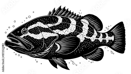 Giant Grouper fish monochrome ink painting style isolated illustration for fishing club logos, seafood restaurant decor, marine biology education, and nautical theme designs