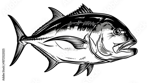 Giant Caranx Monochrome Ink Style Illustration, Isolated Trevally Hand Drawn Sportfish Sketch for Angler Trophy Art, Fishing Blogs, and Marine Life Websites