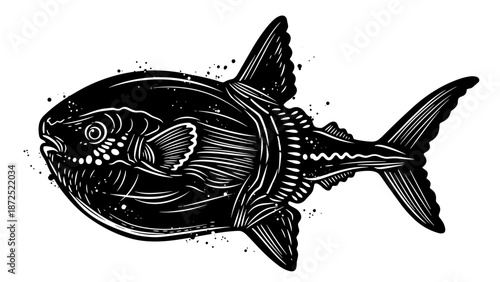 Sunfish Mola mola art in bold engraving style, featuring distinctive marine anatomy. Monochrome ocean creature presented in an intricate engraving style, with negative space highlighting form.
