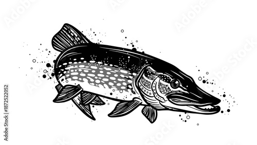 Pike fish illustration in monochrome ink painting style, isolated predator fish with detailed scales and fins, dynamic ink drawing capturing power and aggression, concept pike fish for fishing,