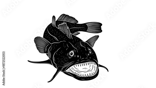Monochrome monkfish illustration, striking ink painting style, highlighting distinctive deep sea appearance. Fierce monkfish illustration with sharp teeth, suitable for aquatic designs, marine themes.