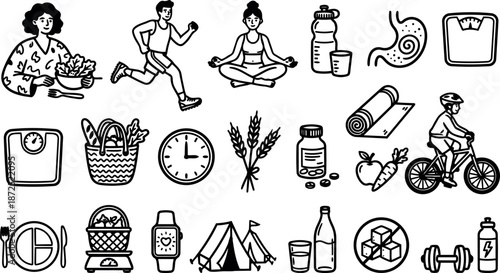 Whimsical doodle icon set of healthy lifestyle activities and objects including running yoga cycling salad water bottle scale smartwatch meal