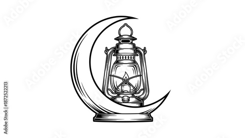 Ramadan lantern on crescent moon symbol.