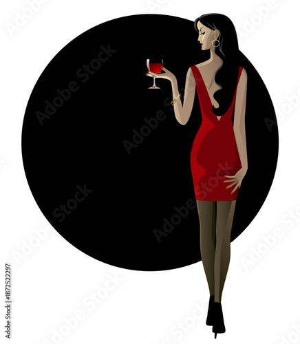 An elegant woman in a red dress with black hair stands with her back to the viewer against a black circle isolated on white. Vector illustration