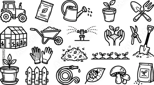 Hand drawn line art gardening icon set with watering can tractor seedlings trowel shovel gloves greenhouse hose pot compost sprayer