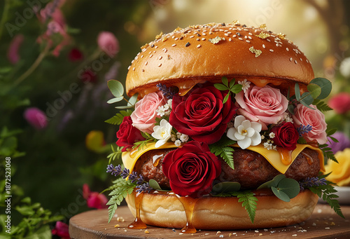 burger filled with colorful roses and foliage, substituting traditional ingredients