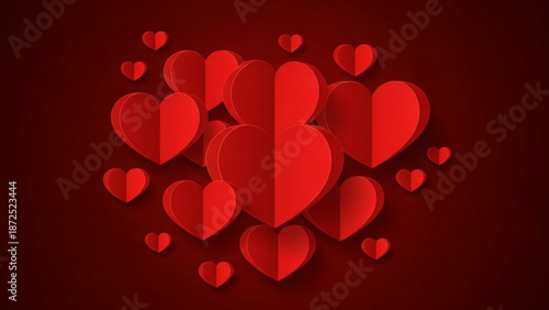A cluster of red hearts in various sizes against a dark red gradient background symbolizing love