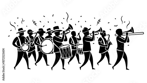 Black and white marching band illustration.
