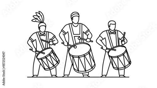 Three Drummers Playing Drums Together.