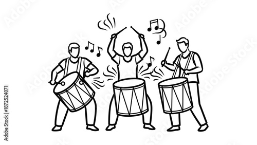 Three Men Playing Drums Energetically Together.