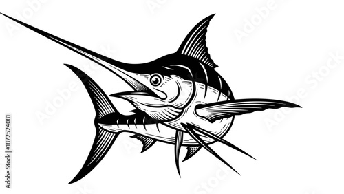 Dynamic marlin fish in monochrome ink painting style, isolated illustration featuring powerful form and dramatic artistic detail.