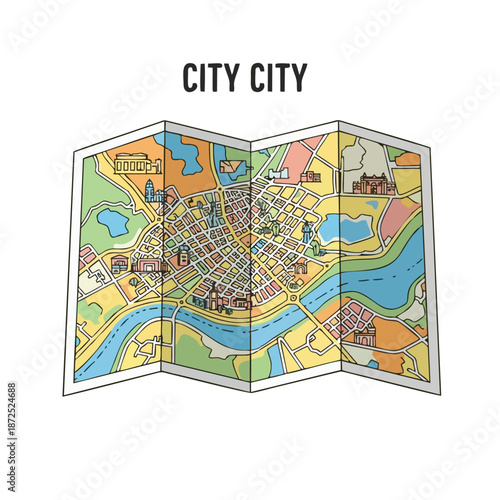 Vibrant cartoon illustration of a folded city map, showcasing detailed urban architecture, winding river, green parks, and intricate street layouts for travel and navigation planning