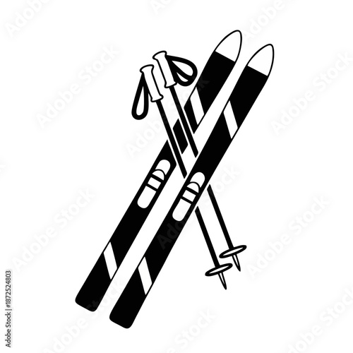 Monochrome graphic illustration featuring a pair of downhill skis and two ski poles crossed, symbolizing winter sports, mountain recreation, and outdoor snow activities