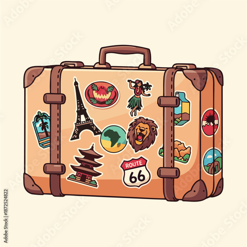 Charming illustration of a vintage travel suitcase adorned with a vibrant collection of international destination stickers, symbolizing wanderlust, global adventures, and cherished journey memories