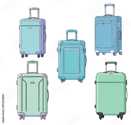 Collection of assorted luggage bags in varying shades of blue and green, designed for travel and transport