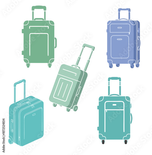 A vibrant collection of diverse travel suitcases with wheels, illustrated in a modern flat vector design, perfect for concepts of vacation, journey, and global adventures