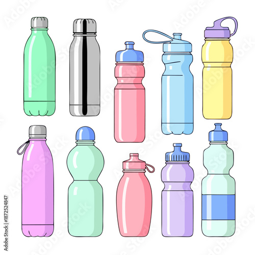Vibrant vector illustration of diverse reusable water bottles and modern drink containers, showcasing various shapes, colors, and styles for eco-friendly and healthy hydration