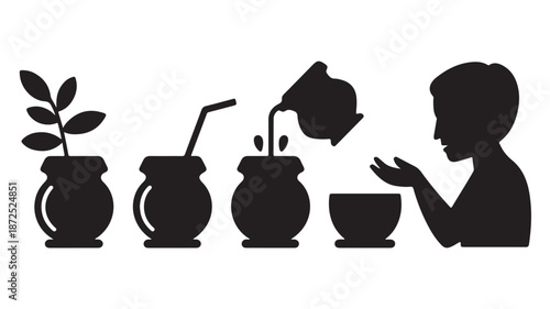 Yerba Mate Preparation and Drinking Process Silhouette Icon Set Isolated on White