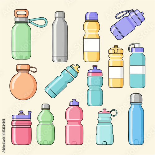 Collection of Various Water Bottles and Reusable Drink Containers in Different Colors and Styles