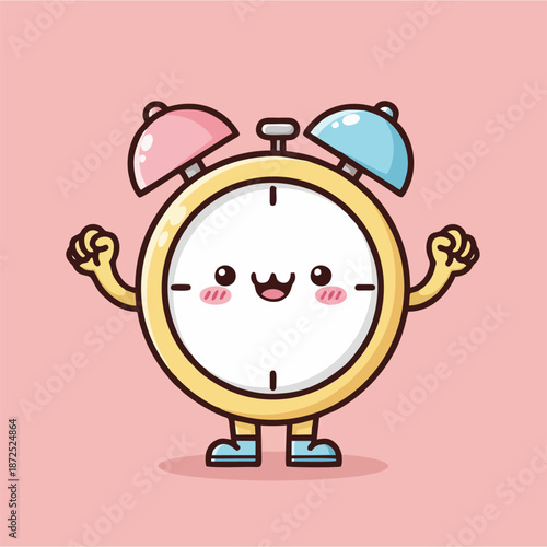 Cute kawaii alarm clock character with a happy expression and arms raised in a confident pose on a soft pink background