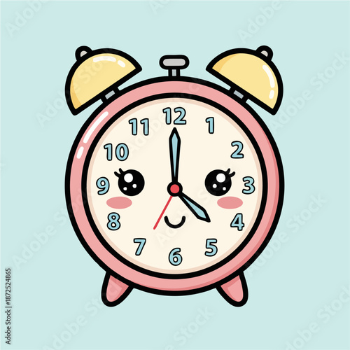 Cute kawaii alarm clock with a smiling face and rosy cheeks, perfect for children's room decor and timekeeping fun