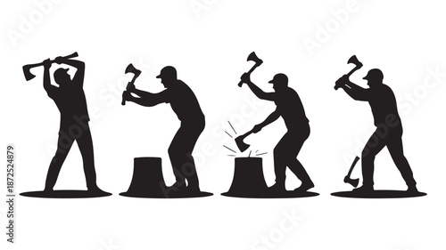 Lumberjack Chopping Wood with Axe on Tree Stump Silhouette Sequence Vector