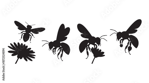 Black Bee Silhouettes Flying Pollinating Flower Isolated on White Vector Illustration