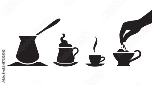 Sequential coffee making steps in clean vector illustration with dark icons for instructional graphics.