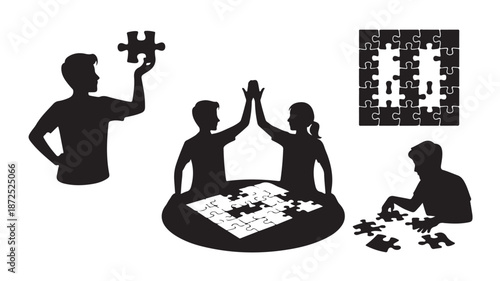 Jigsaw Puzzle Assembly and Teamwork in Conceptual Black and White Silhouette Vector Illustration for Business Solutions.