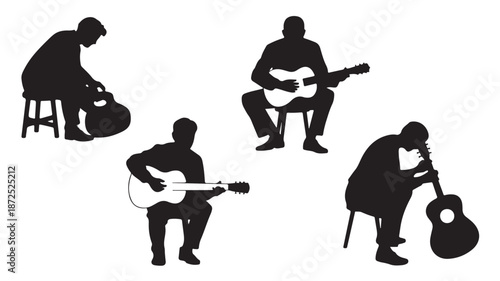 Musicians Playing Acoustic Guitars Artistic Silhouettes Black and White Vector Illustration for Music Event Promotion.