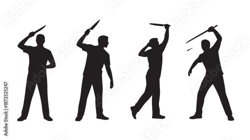 Dynamic male silhouettes with sticks and knives in high contrast vector graphic for martial arts and self-defense training.