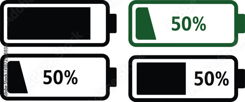 Four battery showing 50 percent charge in different styles and colors black white