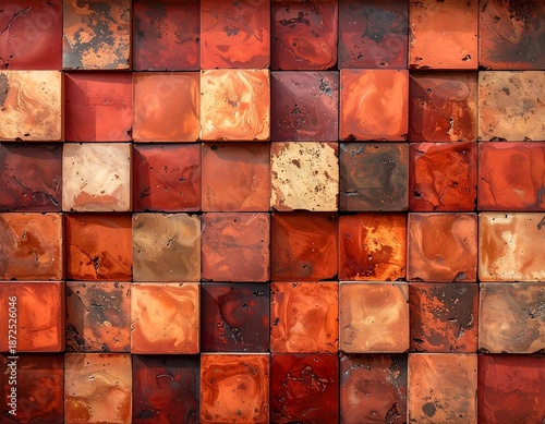Close-up view of a textured wall composed of irregular square tiles in warm, earthy tones