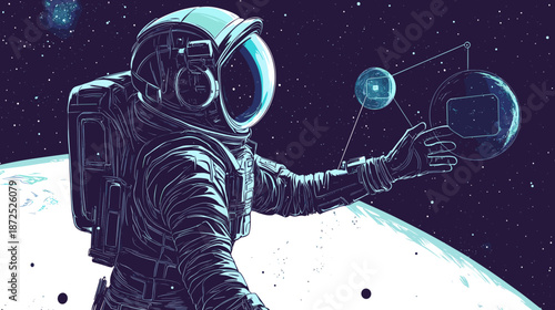 Astronaut in Space Suit Holding Satellite.