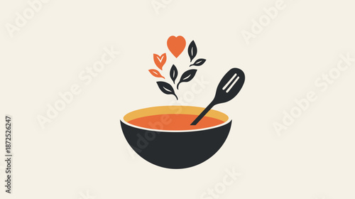 Bowl of Soup with Spoon and Flowers.