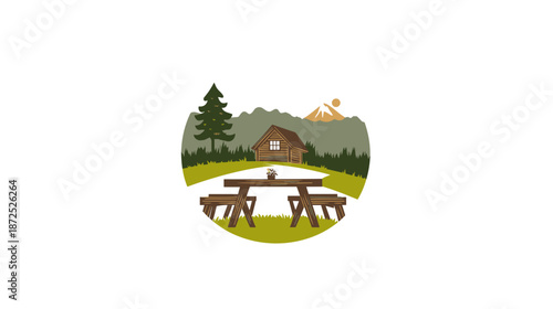 Cabin Scene with Picnic Table and Trees.