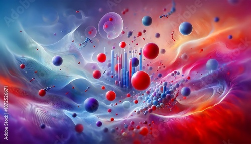 Examining the effects of air X and Z on murine cell line Y, to muddy or clarify? with small red, purple, and blue spheres representing molecules in an abstract style
