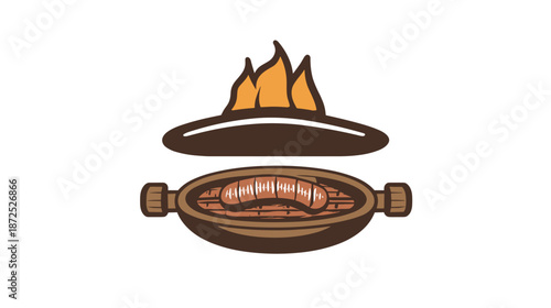 Grilled Sausages in a Pan with Flames.